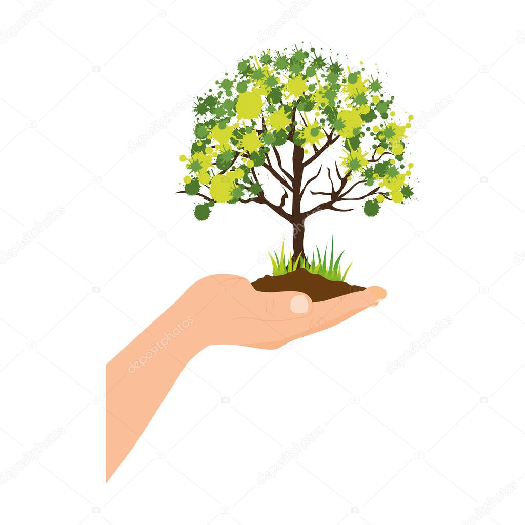 colorful silhouette with leafy tree over hand