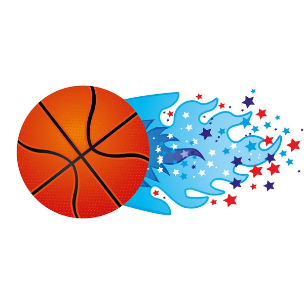 Colorida llama olímpica con estrellas y pelota de baloncesto — Vector de stock