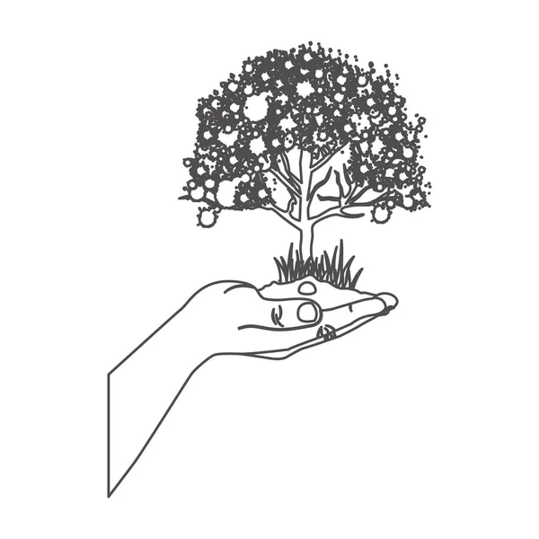 Contour en niveaux de gris avec arbre feuillu sur la main — Image vectorielle
