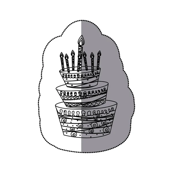 Sticker silhouet cake drie verdiepingen met kaarsen — Stockvector