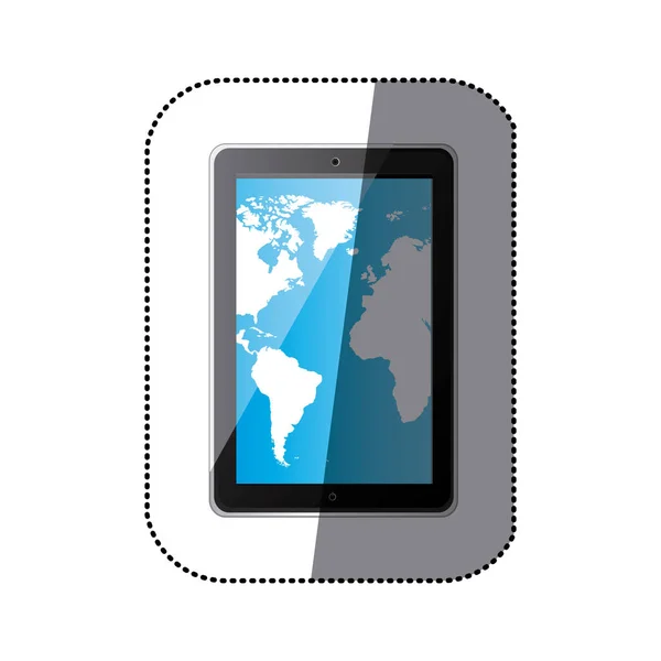 Autocollant couleur silhouette tablette en position verticale et carte du monde papier peint — Image vectorielle