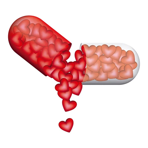 Pilule médicale en forme de capsule avec des coeurs goutte à goutte — Image vectorielle
