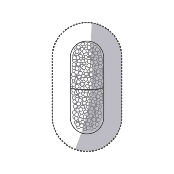 Adesivo monocromático silhueta pílula médica em forma de cápsula com grânulos dentro —  Vetores de Stock