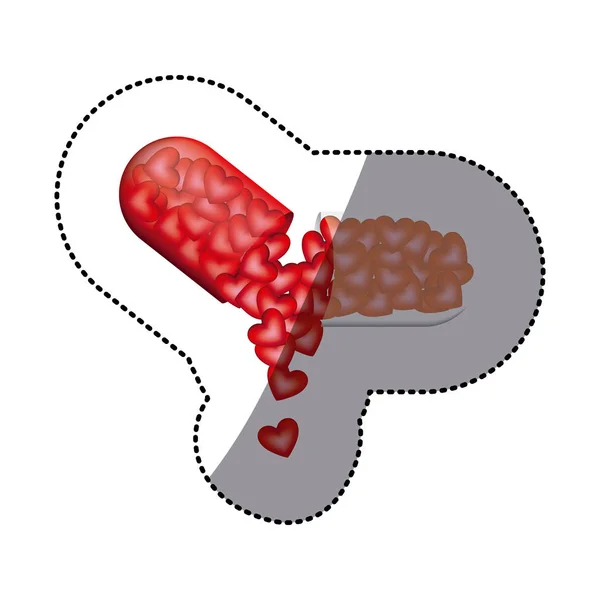 Sticker gekleurde pil medische in capsule vorm met druipende harten — Stockvector