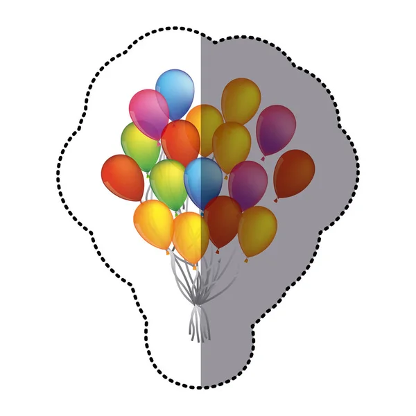 Наклейка красочная куча воздушных шаров, летящих на вечеринку — стоковый вектор