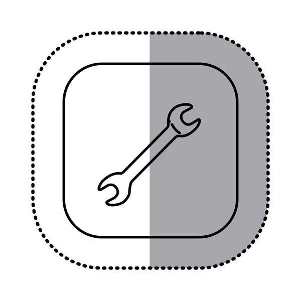 Contorno monocromático com etiqueta quadrada do ícone da ferramenta de chave inglesa — Vetor de Stock