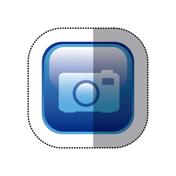 Aufkleber blauer quadratischer Rahmen mit analogem Kamera-Symbol — Stockvektor