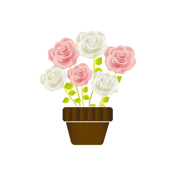 Τριαντάφυλλα σε κατσαρόλα με στέλεχος και φύλλα floral σχέδιο — Διανυσματικό Αρχείο