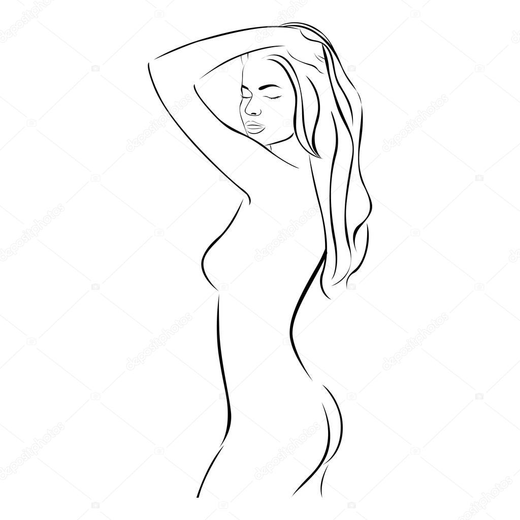 Side view female sensual stylized half body contour vector illustration