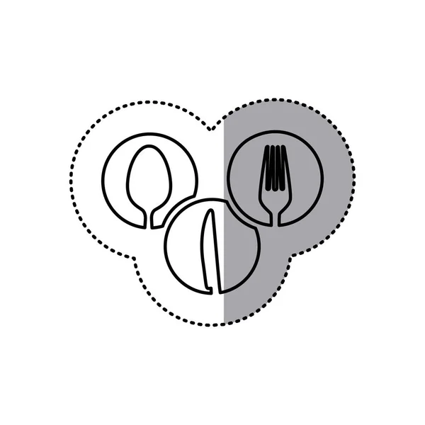 Монохромный контур наклейки круглой рамы с силуэтами столовые приборы кухонные элементы — стоковый вектор