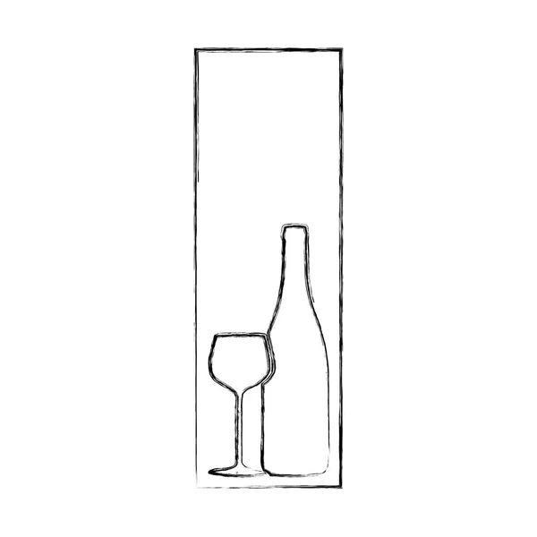 Monochrom verschwommene Kontur des rechteckigen Rahmens mit Glasschale und Flasche — Stockvektor