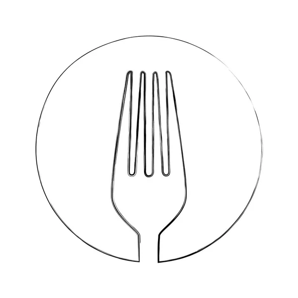 Monokrom suddig kontur av skiss av gaffel i cirkel — Stock vektor