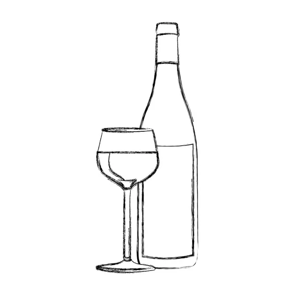 Contorno sfocato monocromatico di tazza e bottiglia di vetro — Vettoriale Stock
