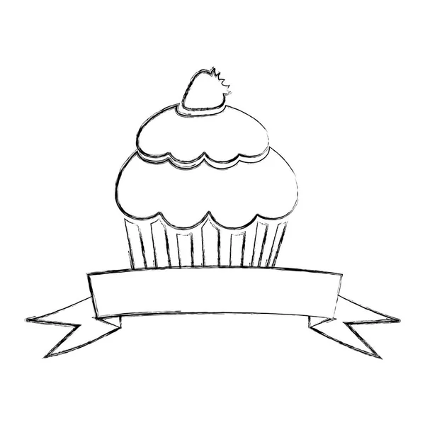 Contour flou monochrome de cupcake avec fraise et ruban — Image vectorielle