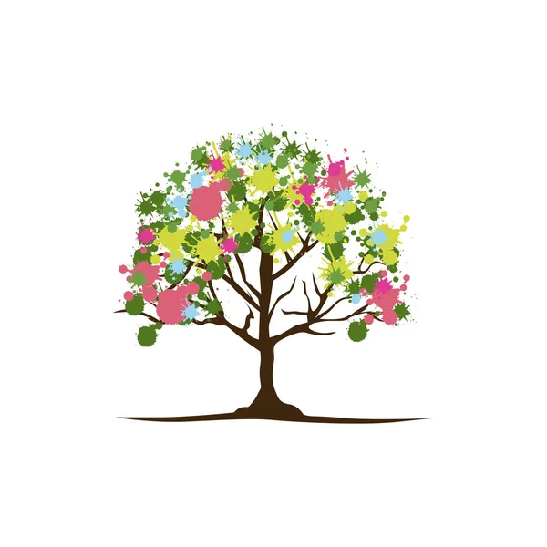 Färg träd med några blad och blommor ikonen — Stock vektor