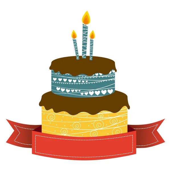 Кольорова вечірка торта зі свічками та значком стрічки фуксії — стоковий вектор