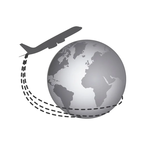 Planeta tierra gris con icono de avión — Vector de stock