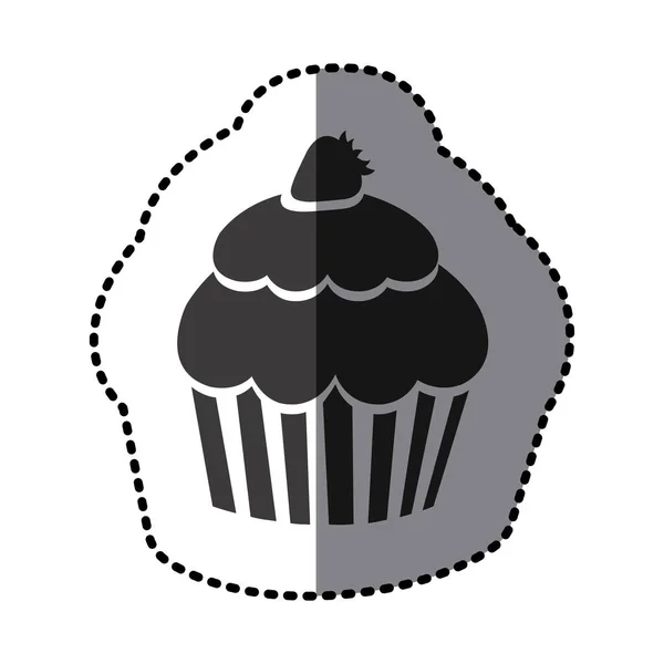 Aufkleber beschattet monochromen Cupcake mit Erdbeer-Symbol — Stockvektor