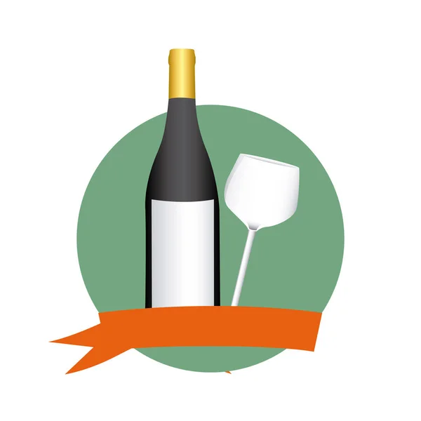 Quadro circular colorido com fita e copo de vidro e garrafa de vinho branco —  Vetores de Stock