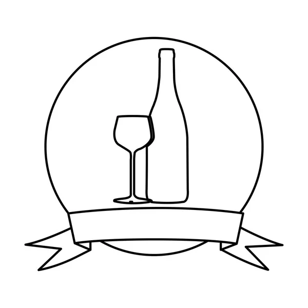 Σιλουέτα κυκλικό πλαίσιο με κορδέλα και γυαλί Κύπελλο και μπουκάλι — Διανυσματικό Αρχείο
