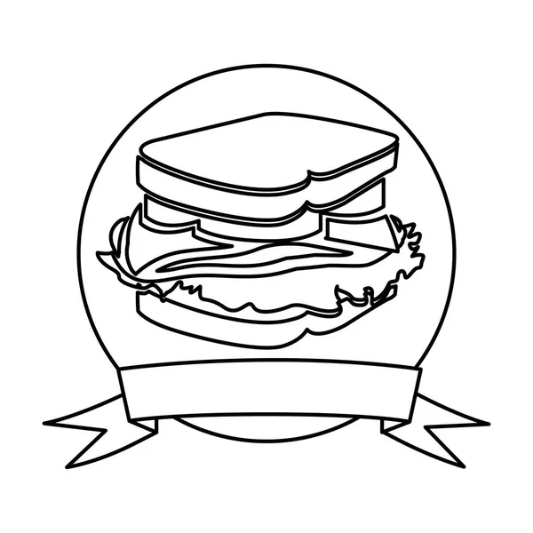 Silueta marco circular con cinta y sándwich — Vector de stock