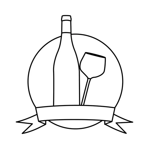 Silhouette cadre circulaire avec ruban et coupe en verre et bouteille de vin — Image vectorielle