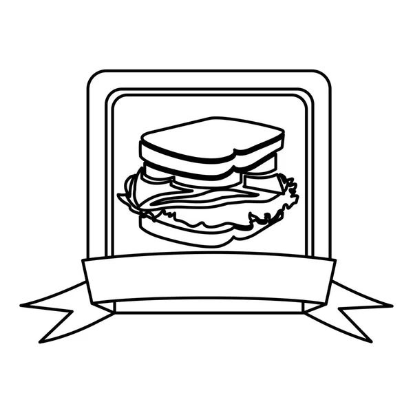 Silhouette quadratischen Rahmen mit Band und Sandwich Food-Symbol — Stockvektor