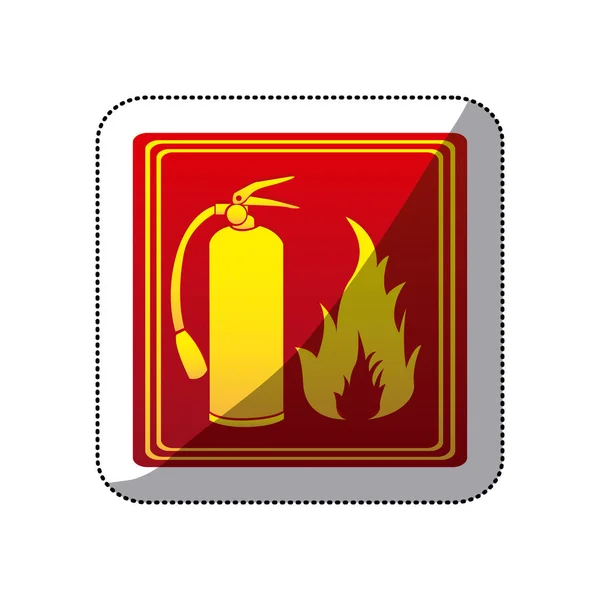 Sticker red color signal silhouette fire flame and extinguisher icon — Stock Vector