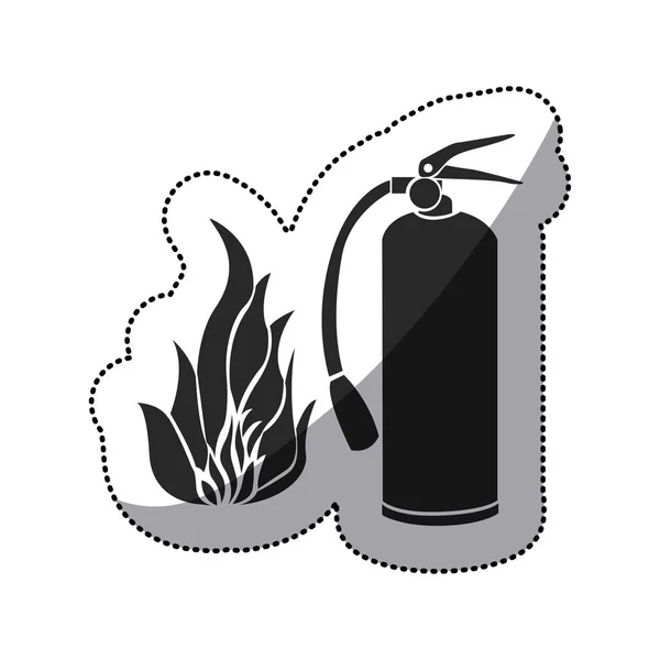 Etiket siyah siluet yangın alev ve söndürücü simgesi — Stok Vektör