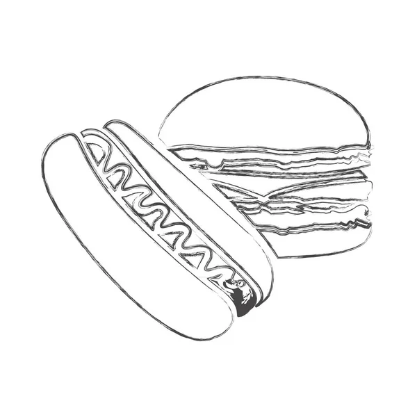Croquis de contour flou monochrome de hamburger et hot dog avec sauce — Image vectorielle