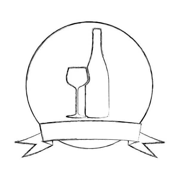 Monochroom schets van circulaire frame met lint en glazen beker en fles — Stockvector