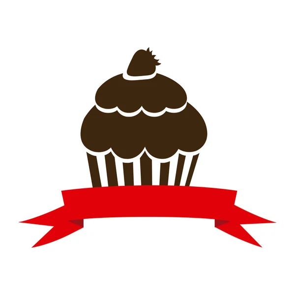 Çilek ve şerit simgesi olan kahverengi kek — Stok Vektör