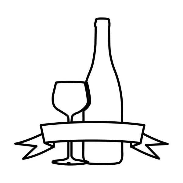 Figuur wijn fles met glas en lint pictogram — Stockvector