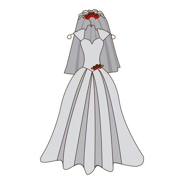 Vestido de traje silhueta colorido e noiva véu com rosas — Vetor de Stock