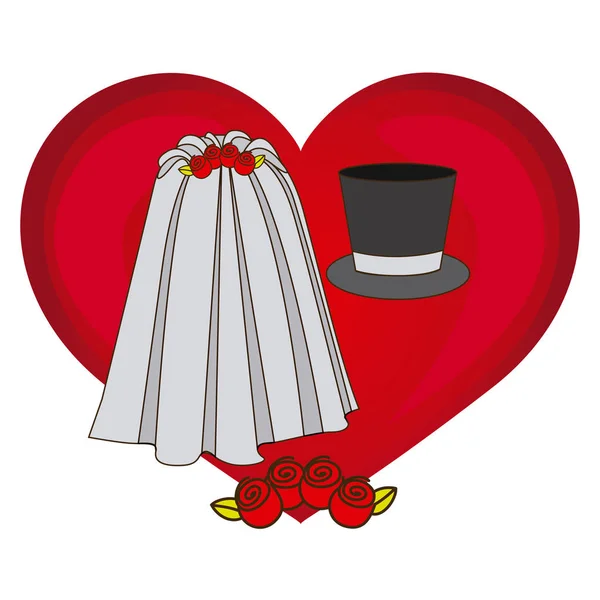 Colorful heart costume veil bride with hat groom — Stock Vector