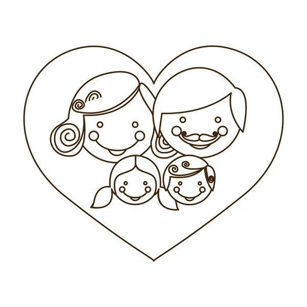 Schizzo silhouette cuore dei cartoni animati con volti familiari — Vettoriale Stock