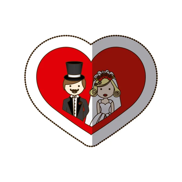 Adesivo colorato cuore silhouette con mezzo corpo cartone animato coppia sposata — Vettoriale Stock