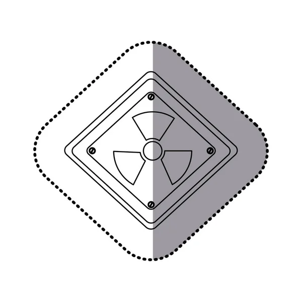 Etiqueta de silhueta monocromática com placa quadrada com símbolo radioativo — Vetor de Stock