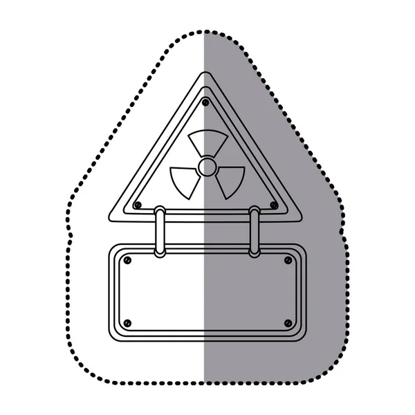 Etiqueta de silhueta monocromática com triângulo de aviso com símbolo radioativo e placa retangular — Vetor de Stock