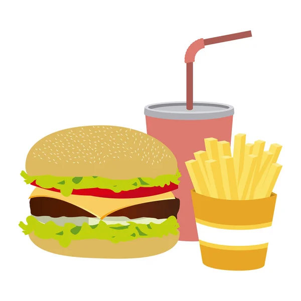 Colorful silhouette with burger with french fries and soda — Stock Vector