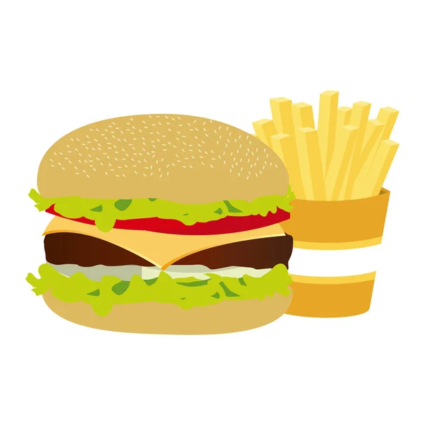 Silueta colorida con hamburguesa y papas fritas — Vector de stock