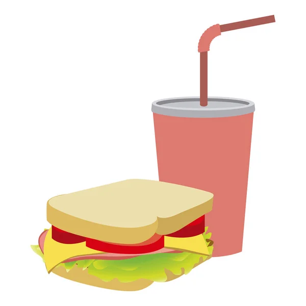 Silueta colorida de soda con paja y sándwich — Vector de stock