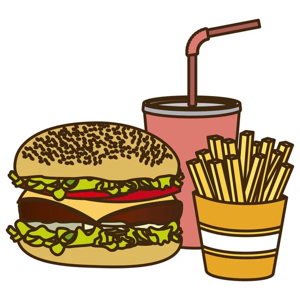 Color figure with burger with french fries and soda — Stock Vector