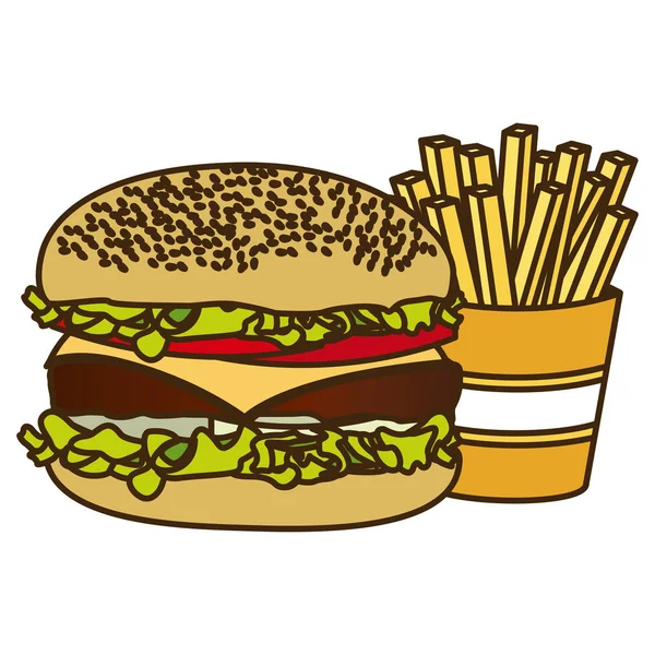 Kleur figuur met hamburger en frietjes — Stockvector