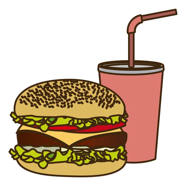 Gambar warna soda dengan jerami dan burger - Stok Vektor