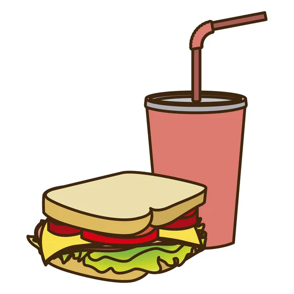 Figura de color de soda con paja y sándwich — Vector de stock