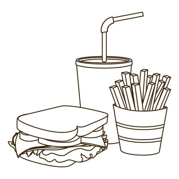 Monochrome contour of sandwich with french fries and soda — Stock Vector