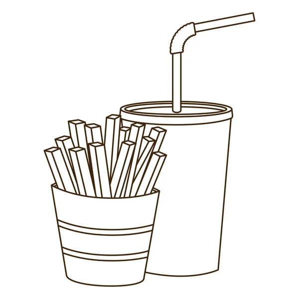 Contour monochrome de soude avec paille et frites — Image vectorielle