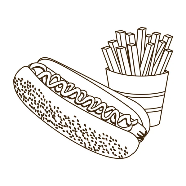 Monochromatyczne konturu z hot-doga i frytki — Wektor stockowy