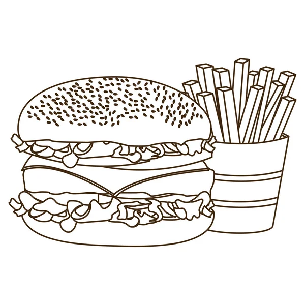 Contorno monocromo con hamburguesa y papas fritas — Archivo Imágenes Vectoriales